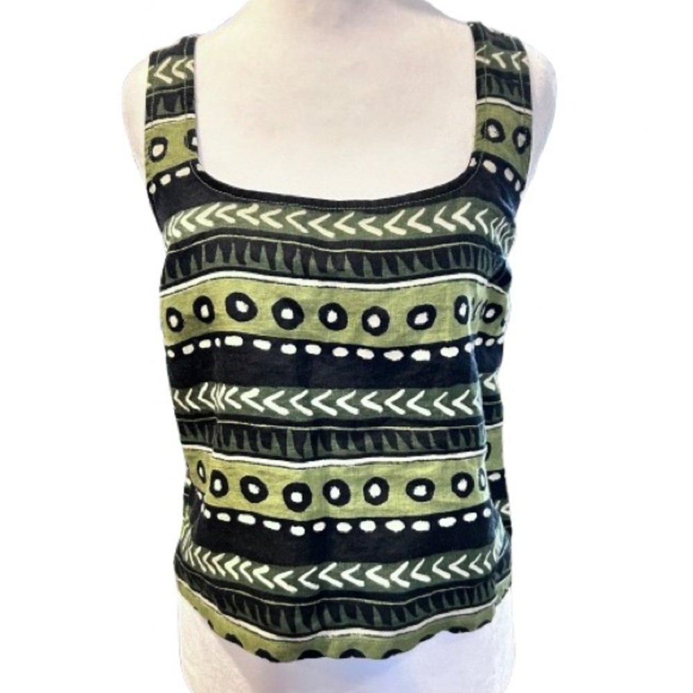 Tahari 100% Linen Tank Top Square Neck Bold Vacation Resortwear Summer Size M